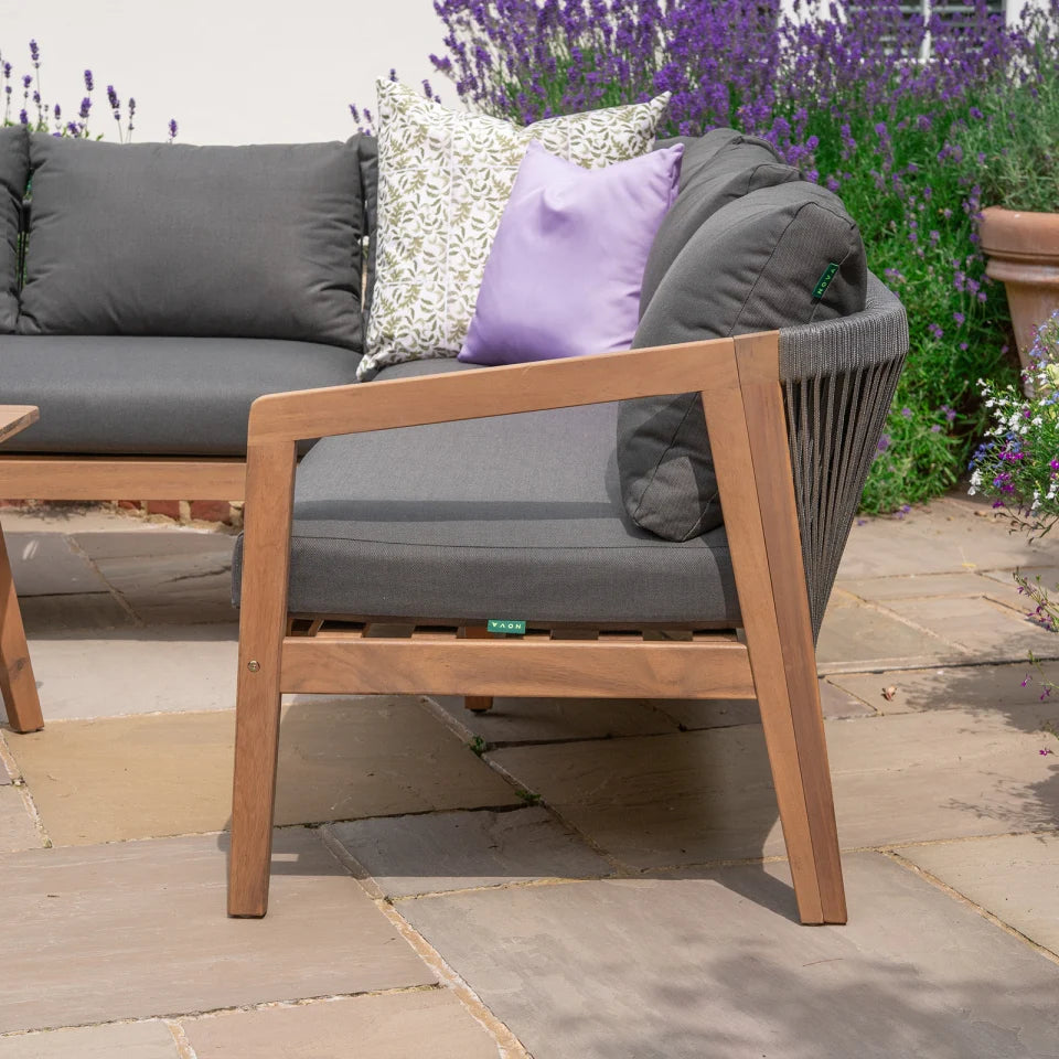 Aida L-Shaped Corner Acacia Wood Rope Lounge Dining Set - Right Handed Standard Table in Anchor Grey