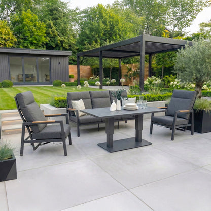Juno 3 Seater Aluminium Wood Effect Reclining Lounge Dining Set with 2 Armchairs - Adjustable Rising in Graphite Grey