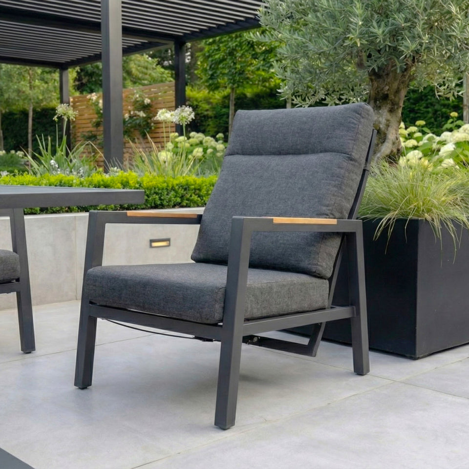 Juno 3 Seater Aluminium Wood Effect Reclining Lounge Dining Set with 2 Armchairs - Adjustable Rising in Graphite Grey