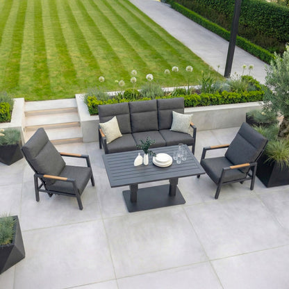 Juno 3 Seater Aluminium Wood Effect Reclining Lounge Dining Set with 2 Armchairs - Adjustable Rising in Graphite Grey