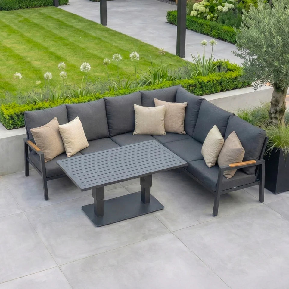 Juno L-Shaped Corner Aluminium Wood Effect Lounge Dining Set - Right Handed Adjustable Rising in Graphite Grey