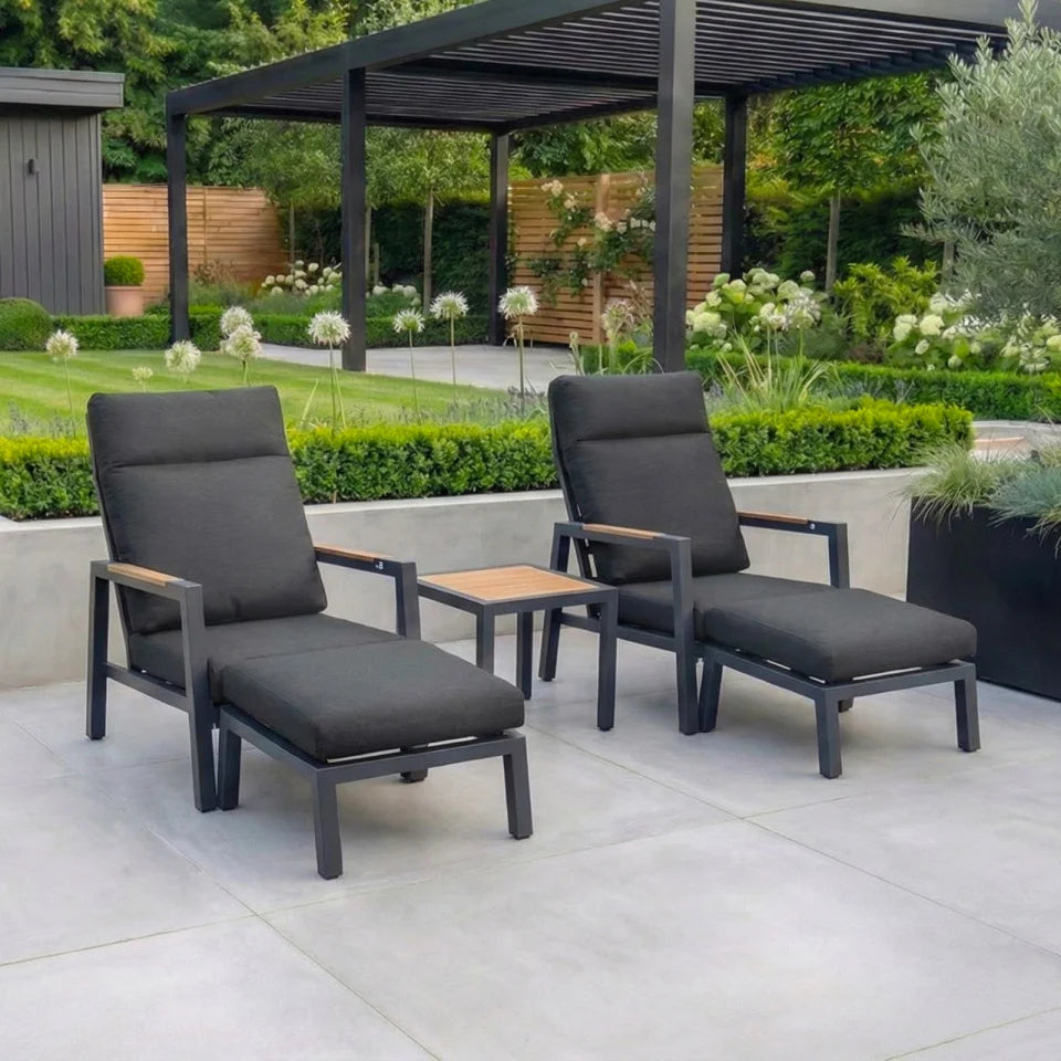 Juno Aluminium Wood Look Reclining 5 Piece Lounging Set in Graphite Grey