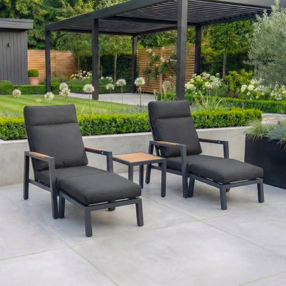 Juno Aluminium Wood Look Reclining 5 Piece Lounging Set in Graphite Grey