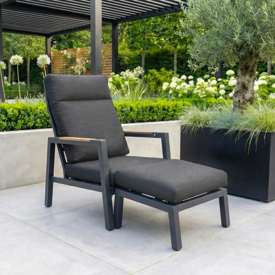 Juno Aluminium Wood Look Reclining 5 Piece Lounging Set in Graphite Grey