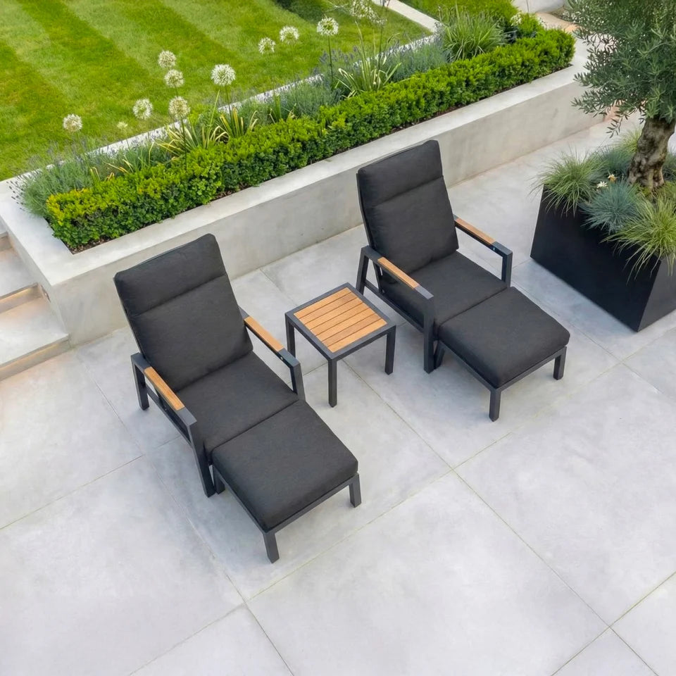 Juno Aluminium Wood Look Reclining 5 Piece Lounging Set in Graphite Grey
