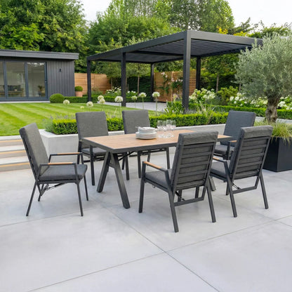 Juno 6 Seat Aluminium Wood Effect Reclining Dining Set - Rectangular Table in Graphite Grey