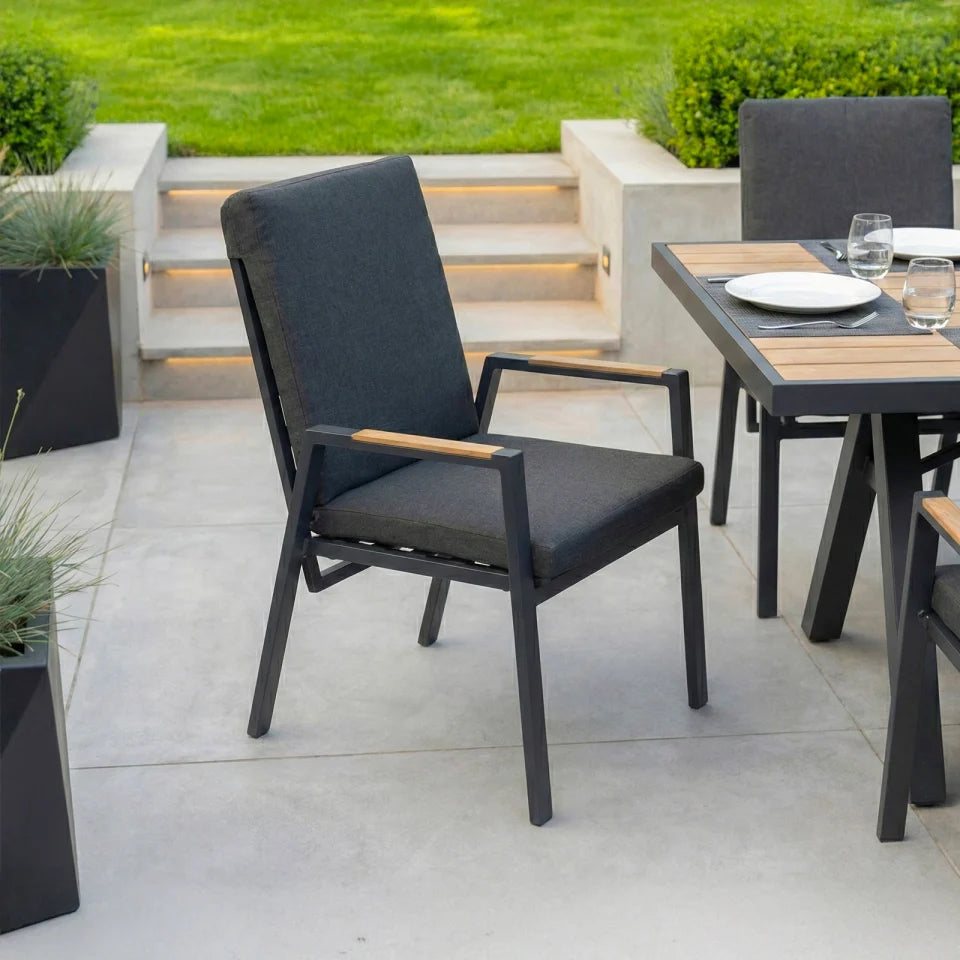 Juno 6 Seat Aluminium Wood Effect Reclining Dining Set - Rectangular Table in Graphite Grey