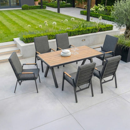 Juno 6 Seat Aluminium Wood Effect Reclining Dining Set - Rectangular Table in Graphite Grey