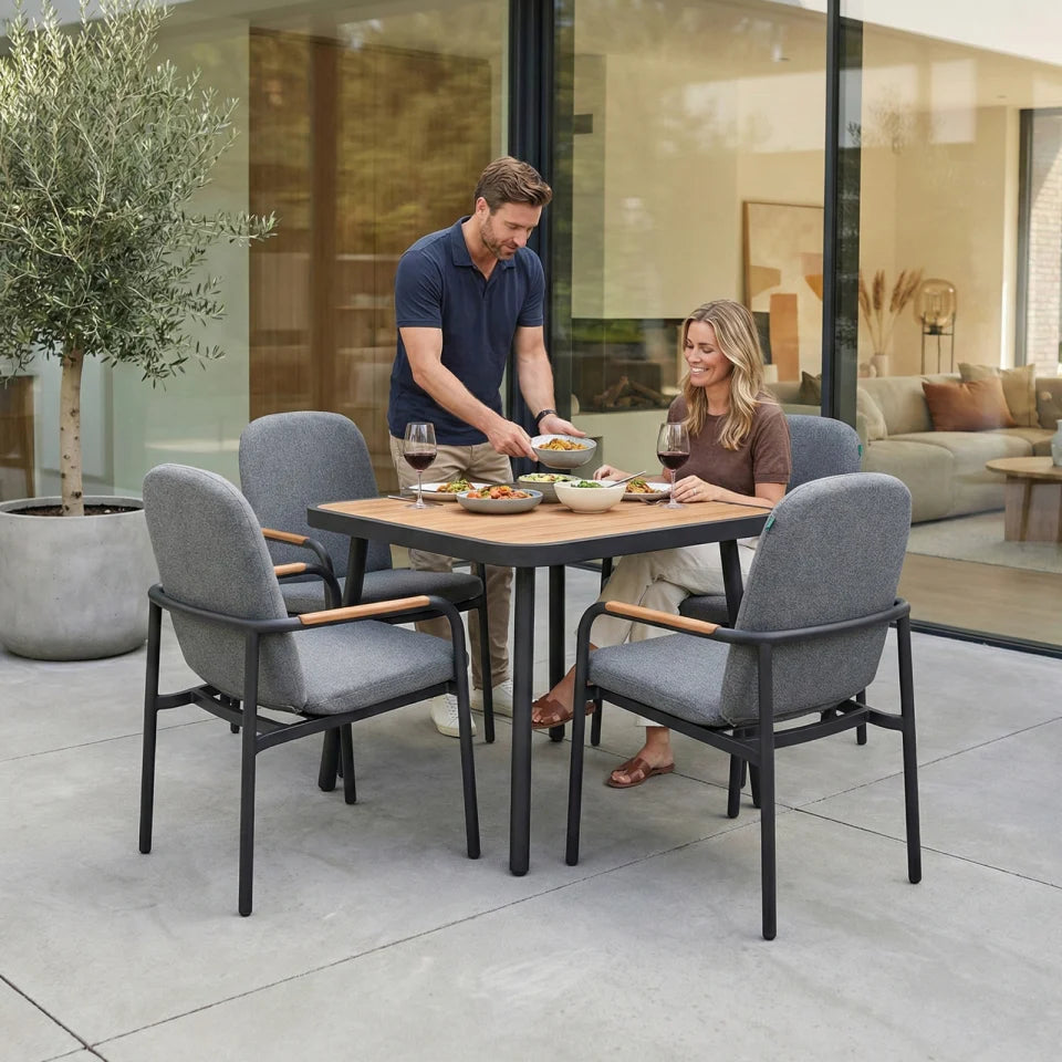 Piper 4 Seat Aluminium Wood Look Dining Set - Square Table in Graphite Grey