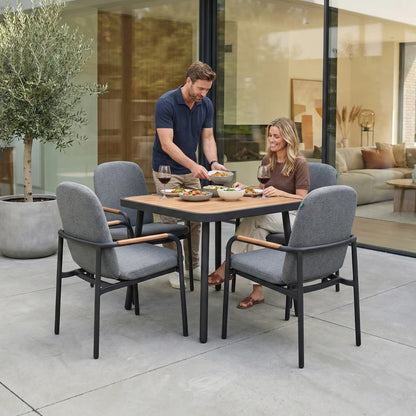 Piper 4 Seat Aluminium Wood Look Dining Set - Square Table in Graphite Grey