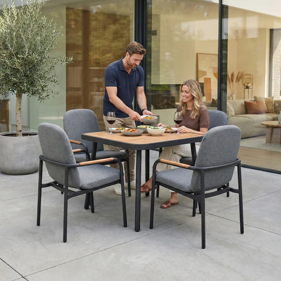 Piper 4 Seat Aluminium Wood Look Dining Set - Square Table in Graphite Grey