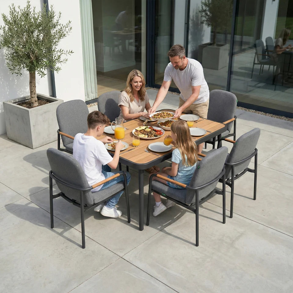 Piper 6 Seat Aluminium Wood Look Dining Set - Rectangular Table in Graphite Grey