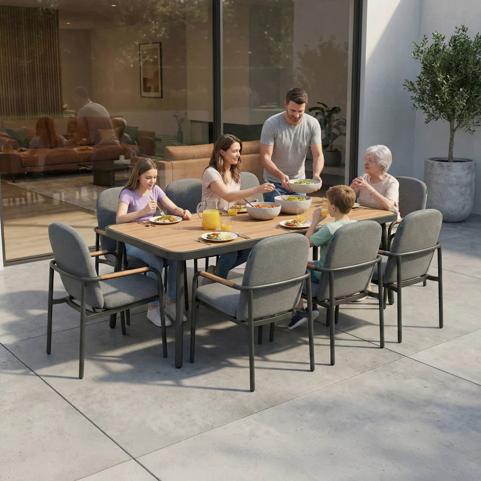 Piper 8 Seat Aluminium Wood Looking Dining Set - Rectangular Table in Graphite Grey