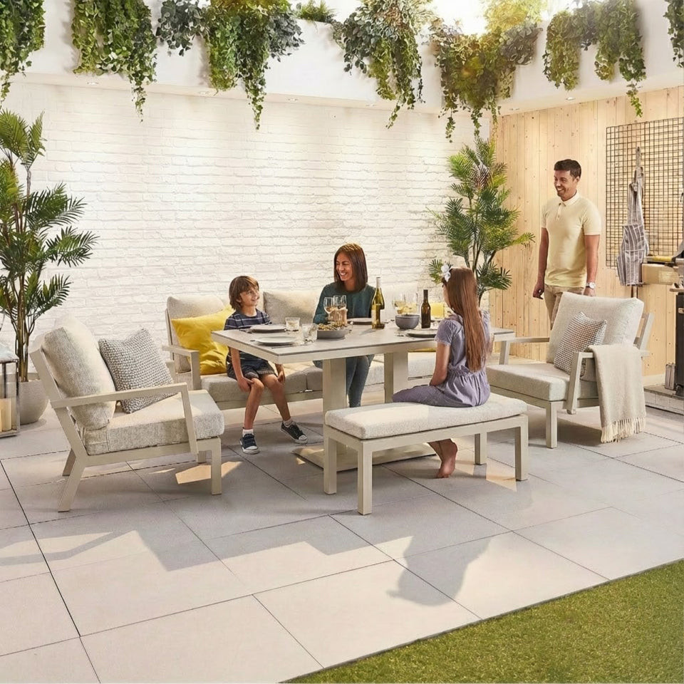 Vogue 3 Seater Aluminium Lounge Dining Set with 2 Armchairs and Bench - Adjustable Rising Table in Pebble