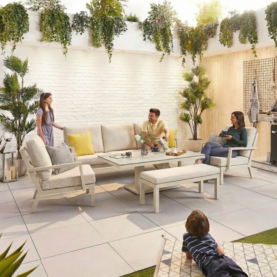 Vogue 3 Seater Aluminium Lounge Dining Set with 2 Armchairs and Bench - Adjustable Rising Table in Pebble