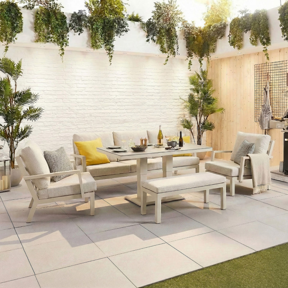 Vogue 3 Seater Aluminium Lounge Dining Set with 2 Armchairs and Bench - Adjustable Rising Table in Pebble