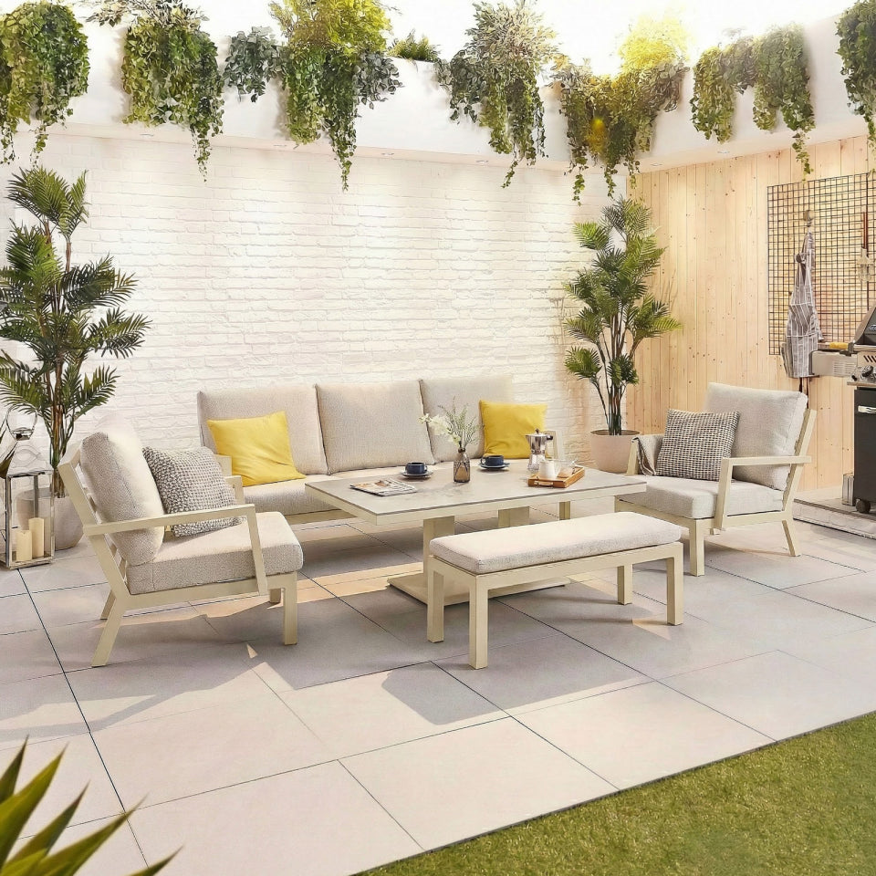 Vogue 3 Seater Aluminium Lounge Dining Set with 2 Armchairs and Bench - Adjustable Rising Table in Pebble