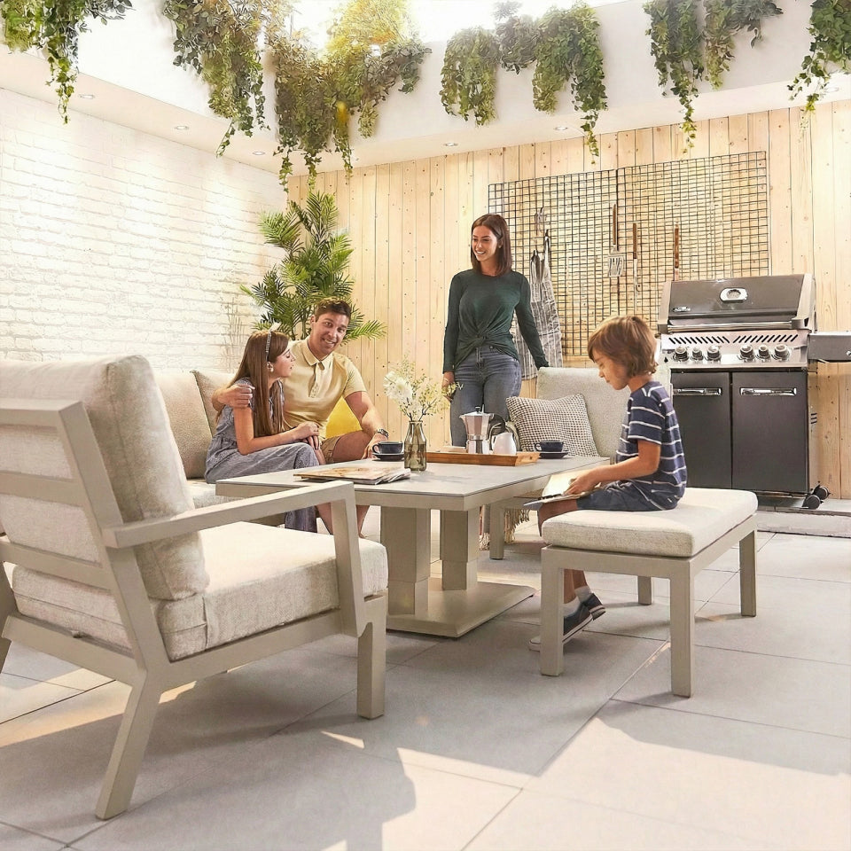 Vogue 3 Seater Aluminium Lounge Dining Set with 2 Armchairs and Bench - Adjustable Rising Table in Pebble