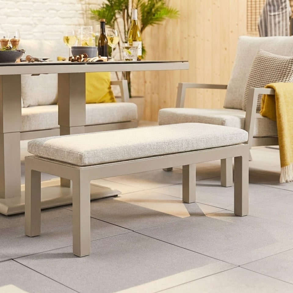 Vogue 3 Seater Aluminium Lounge Dining Set with 2 Armchairs and Bench - Adjustable Rising Table in Pebble
