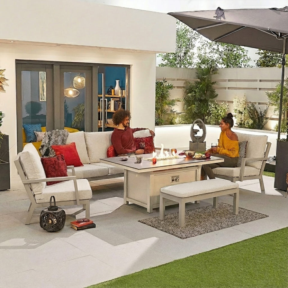 Vogue 3 Seater Aluminium Lounge Dining Set with 2 Armchairs and Bench - Gas Fire Pit Table in Pebble