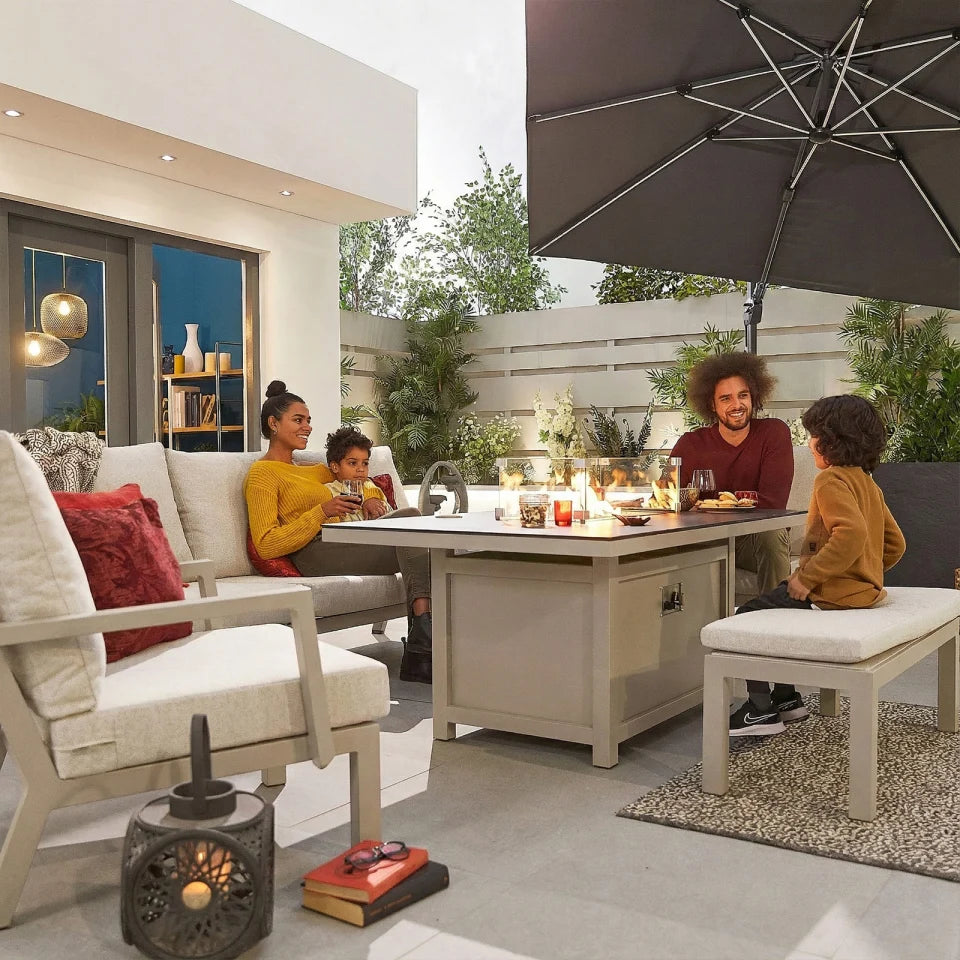 Vogue 3 Seater Aluminium Lounge Dining Set with 2 Armchairs and Bench - Gas Fire Pit Table in Pebble
