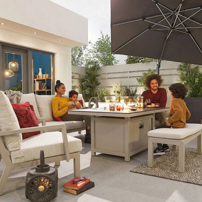 Vogue 3 Seater Aluminium Lounge Dining Set with 2 Armchairs and Bench - Gas Fire Pit Table in Pebble