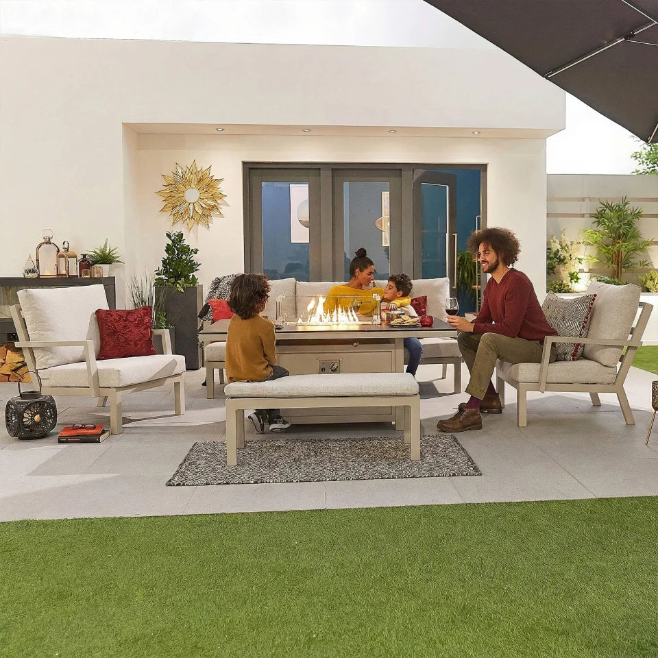 Vogue 3 Seater Aluminium Lounge Dining Set with 2 Armchairs and Bench - Gas Fire Pit Table in Pebble