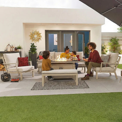 Vogue 3 Seater Aluminium Lounge Dining Set with 2 Armchairs and Bench - Gas Fire Pit Table in Pebble