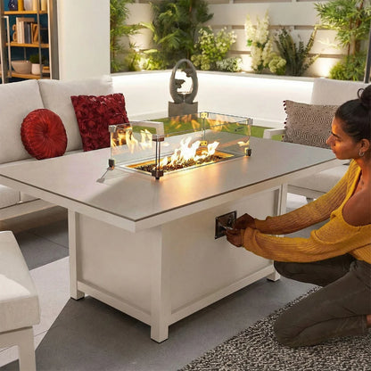 Vogue 3 Seater Aluminium Lounge Dining Set with 2 Armchairs and Bench - Gas Fire Pit Table in Pebble