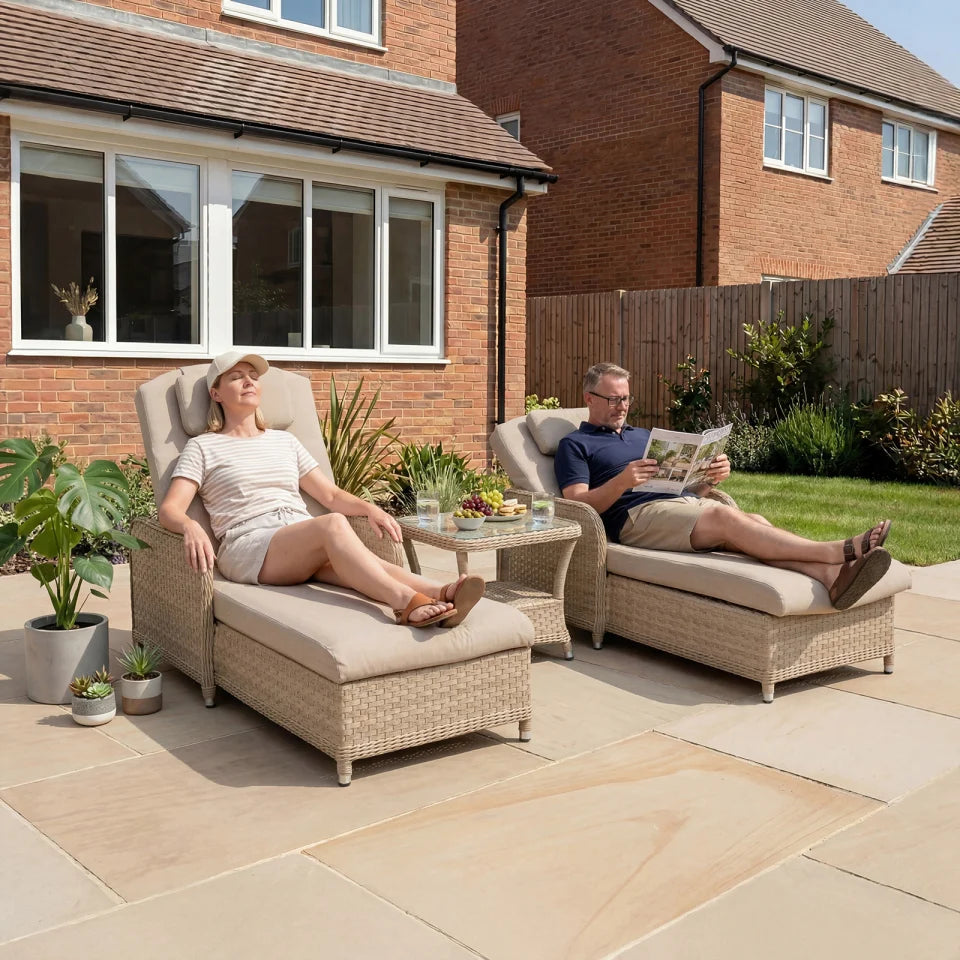 Audrey Rattan Sun Lounger Set of 2 and Side Table in Sahara