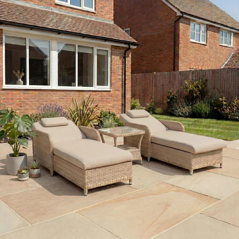 Audrey Rattan Sun Lounger Set of 2 and Side Table in Sahara