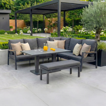 Juno L-Shaped Corner Aluminium Wood Effect Lounge Dining Set with Bench - Right Handed Adjustable Rising in Graphite Grey