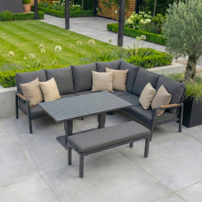 Juno L-Shaped Corner Aluminium Wood Effect Lounge Dining Set with Bench - Right Handed Adjustable Rising in Graphite Grey