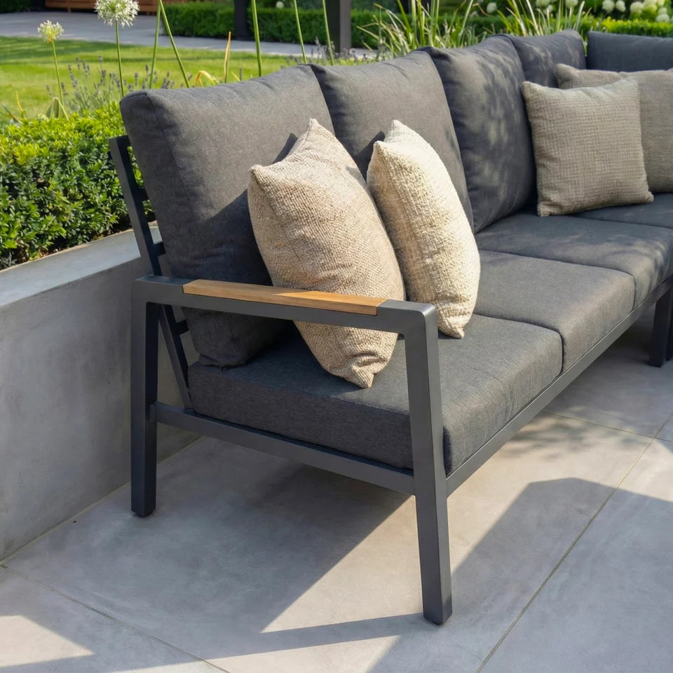 Juno L-Shaped Corner Aluminium Wood Effect Lounge Dining Set with Bench - Right Handed Adjustable Rising in Graphite Grey