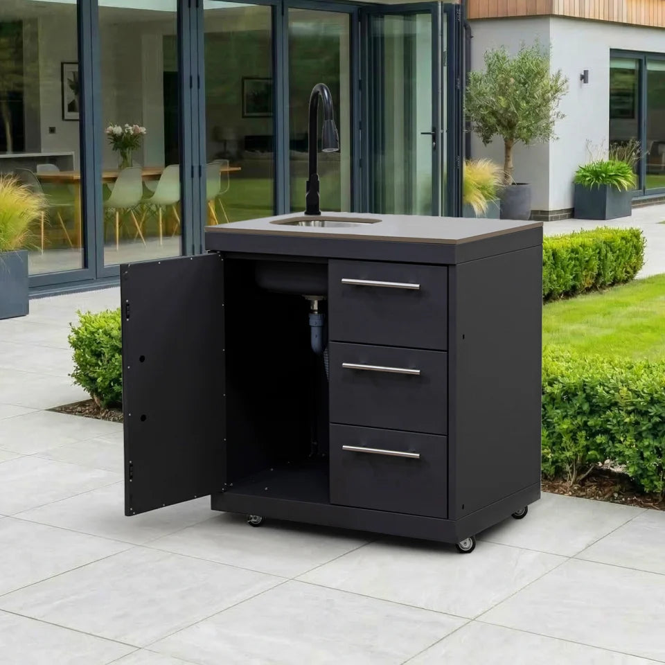 Riley Outdoor Kitchen Cupboard &amp; Drawer with Sink &amp; Tap Modular Unit - Graphite Grey