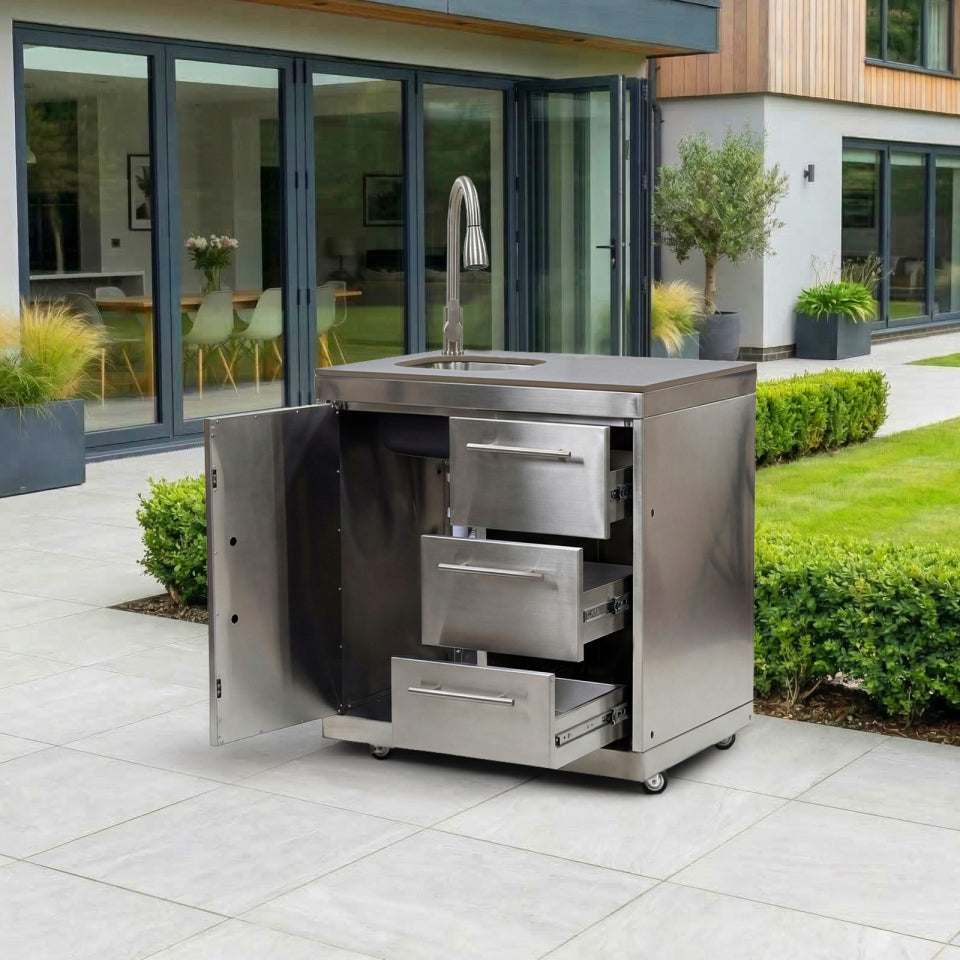 Stanley Outdoor Kitchen Cupboard &amp; Drawer with Sink &amp; Tap Modular Unit - Stainless Steel