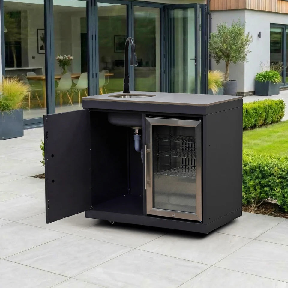 Riley Outdoor Kitchen Fridge &amp; Cupboard with Sink &amp; Tap Modular Unit - Graphite Grey