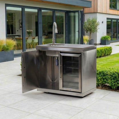 Stanley Outdoor Kitchen Fridge &amp; Cupboard with Sink &amp; Tap Modular Unit - Stainless Steel