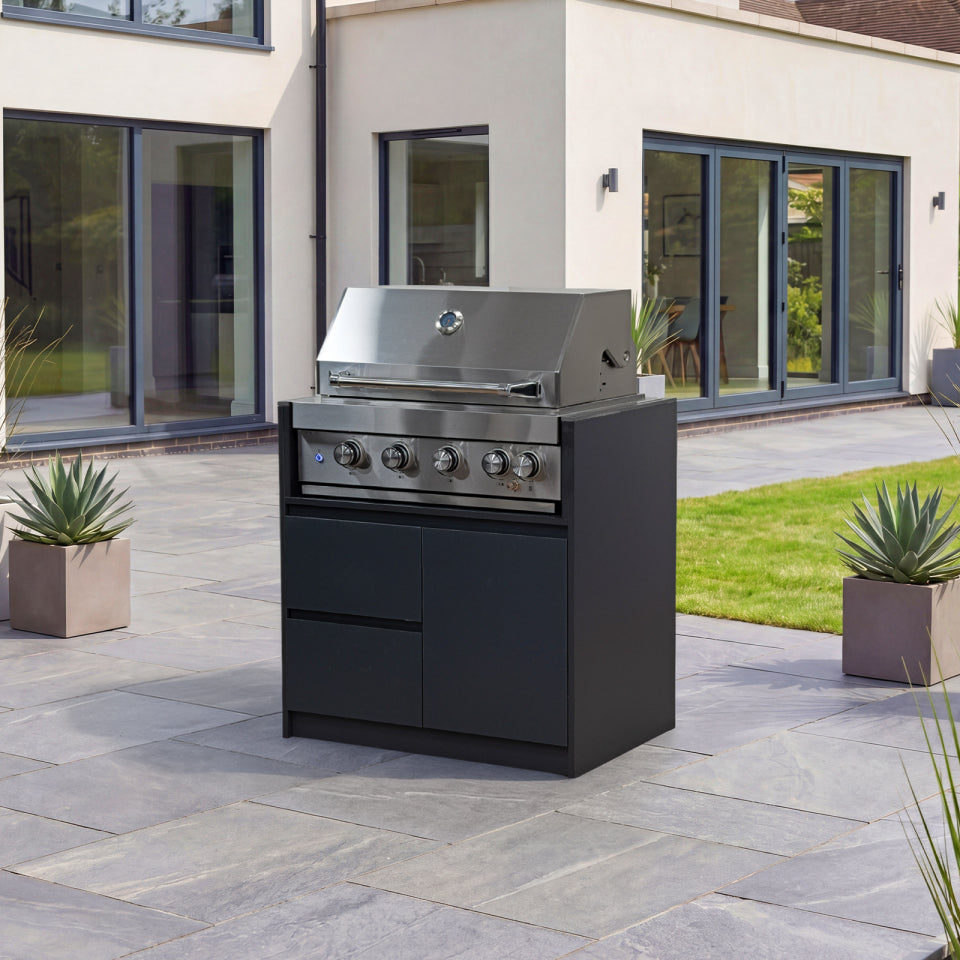 Oakley Outdoor Kitchen 4 Burner Gas BBQ with Double Drawer &amp; Cupboard Modular Unit - Graphite Grey