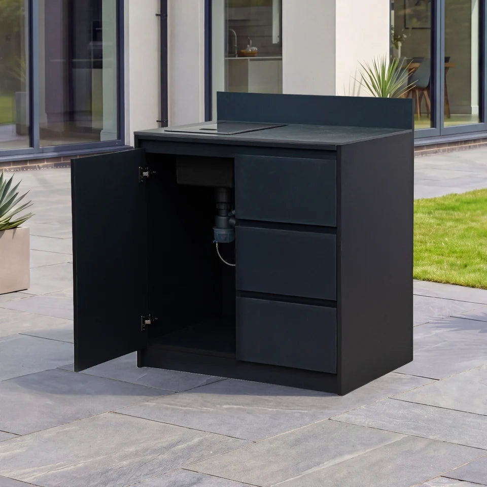 Oakley Outdoor Kitchen Cupboard &amp; Triple Drawer with Sink &amp; Foldable Tap Modular Unit - Graphite Grey