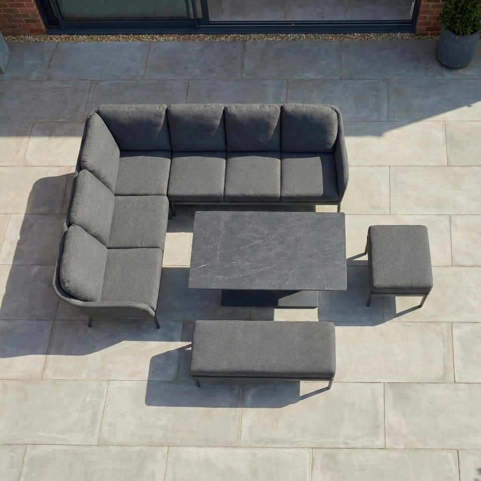 Ally L-Shaped Corner All Weather Fabric Aluminium Lounge Dining Set with Bench and Stool - Left Handed with Adjustable Rising Table in Graphite Grey