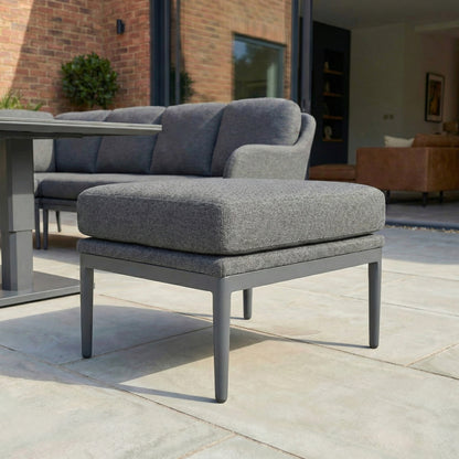 Ally L-Shaped Corner All Weather Fabric Aluminium Lounge Dining Set with Bench and Stool - Left Handed with Adjustable Rising Table in Graphite Grey