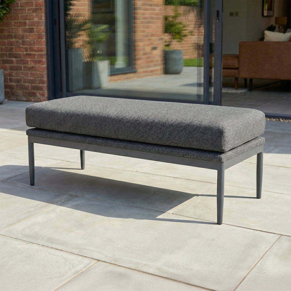 Ally L-Shaped Corner All Weather Fabric Aluminium Lounge Dining Set with Bench and Stool - Left Handed with Adjustable Rising Table in Graphite Grey