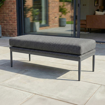 Ally L-Shaped Corner All Weather Fabric Aluminium Lounge Dining Set with Bench and Stool - Left Handed with Adjustable Rising Table in Graphite Grey