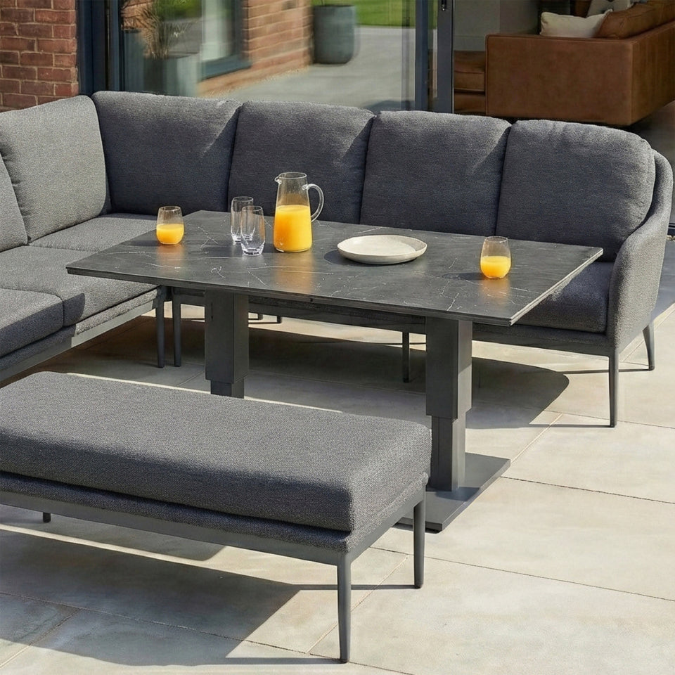 Ally L-Shaped Corner All Weather Fabric Aluminium Lounge Dining Set with Bench and Stool - Left Handed with Adjustable Rising Table in Graphite Grey