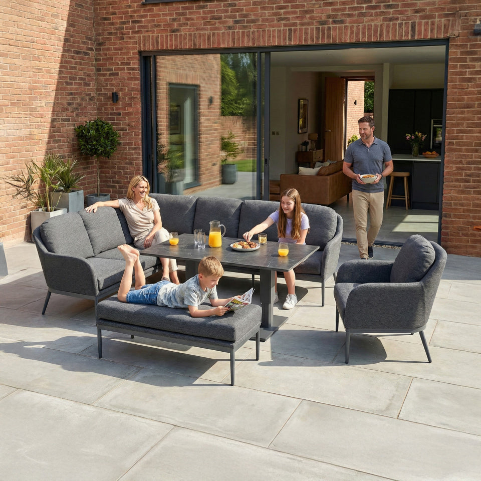 Ally L-Shaped Corner All Weather Fabric Aluminium Lounge Dining Set with Armchair and Bench - Left Handed with Adjustable Rising Table in Graphite Grey