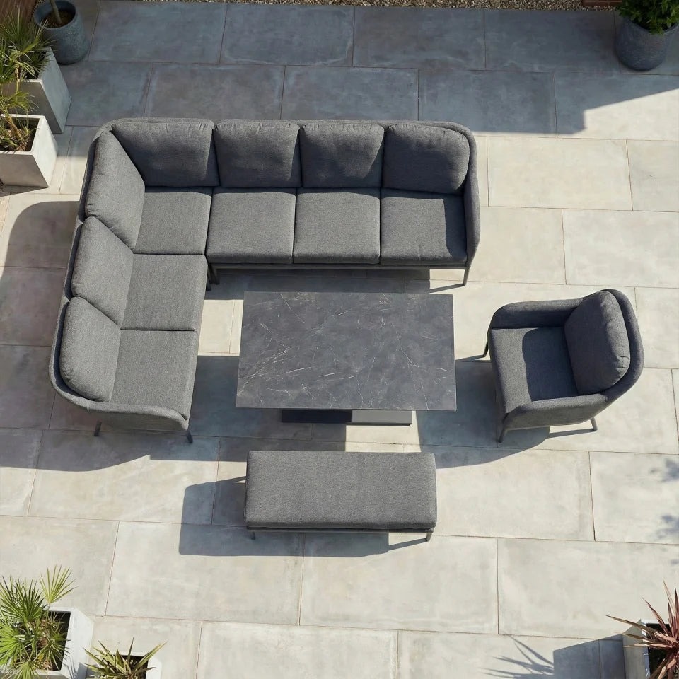 Ally L-Shaped Corner All Weather Fabric Aluminium Lounge Dining Set with Armchair and Bench - Left Handed with Adjustable Rising Table in Graphite Grey