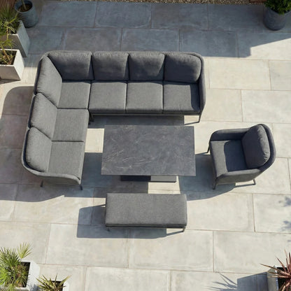 Ally L-Shaped Corner All Weather Fabric Aluminium Lounge Dining Set with Armchair and Bench - Left Handed with Adjustable Rising Table in Graphite Grey