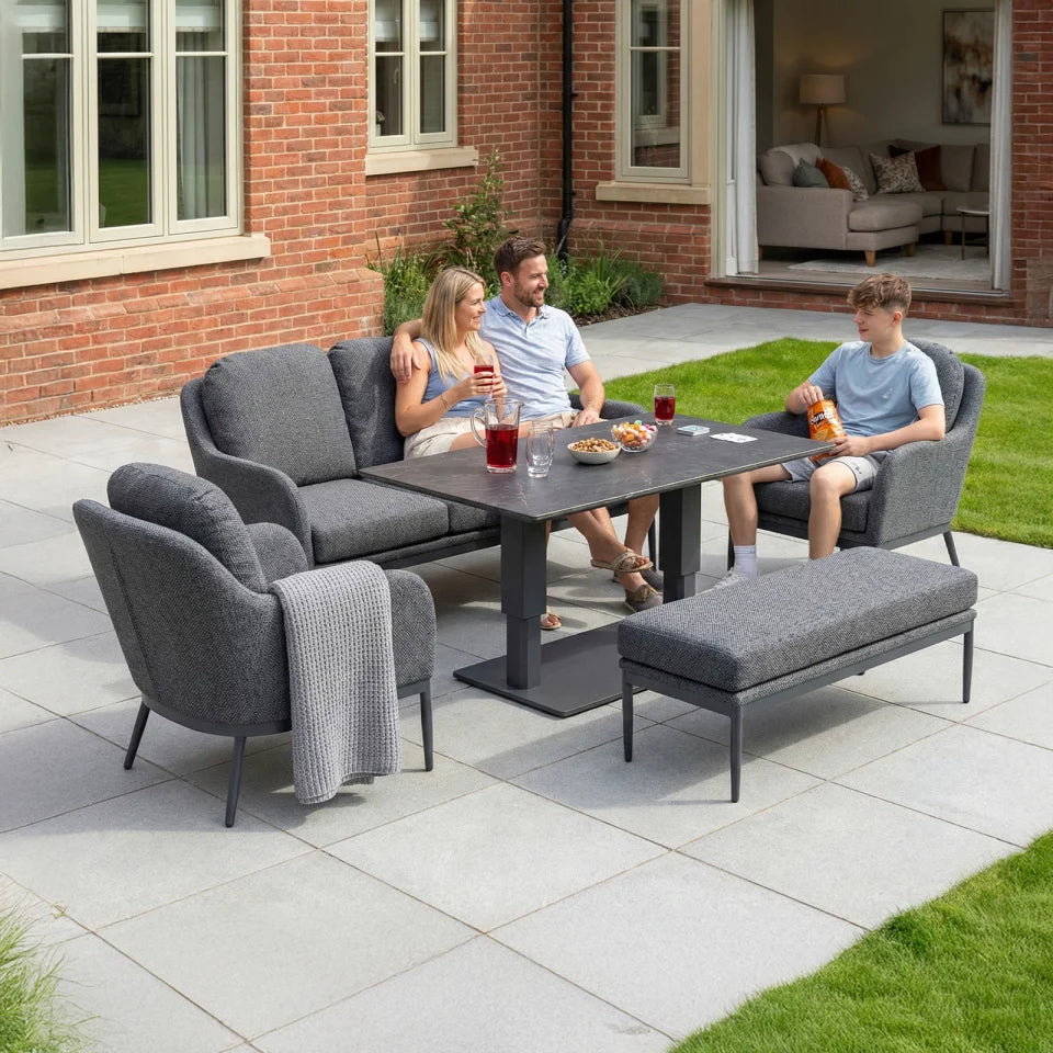 Ally 3 Seater All Weather Fabric Aluminium Lounge Dining Set with 2 Armchairs and Bench - Adjustable Rising Table in Graphite Grey