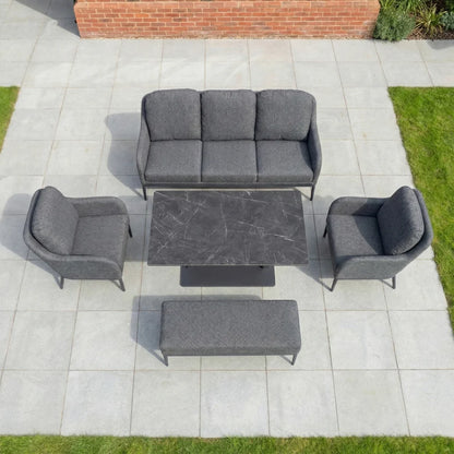 Ally 3 Seater All Weather Fabric Aluminium Lounge Dining Set with 2 Armchairs and Bench - Adjustable Rising Table in Graphite Grey